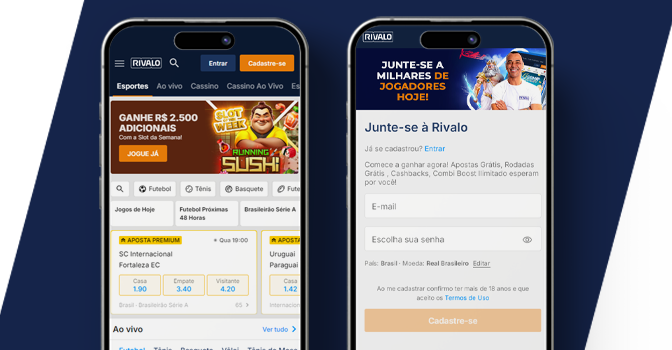 Imagem mostra dois celulares abertos na página de cadastro da Rivalo