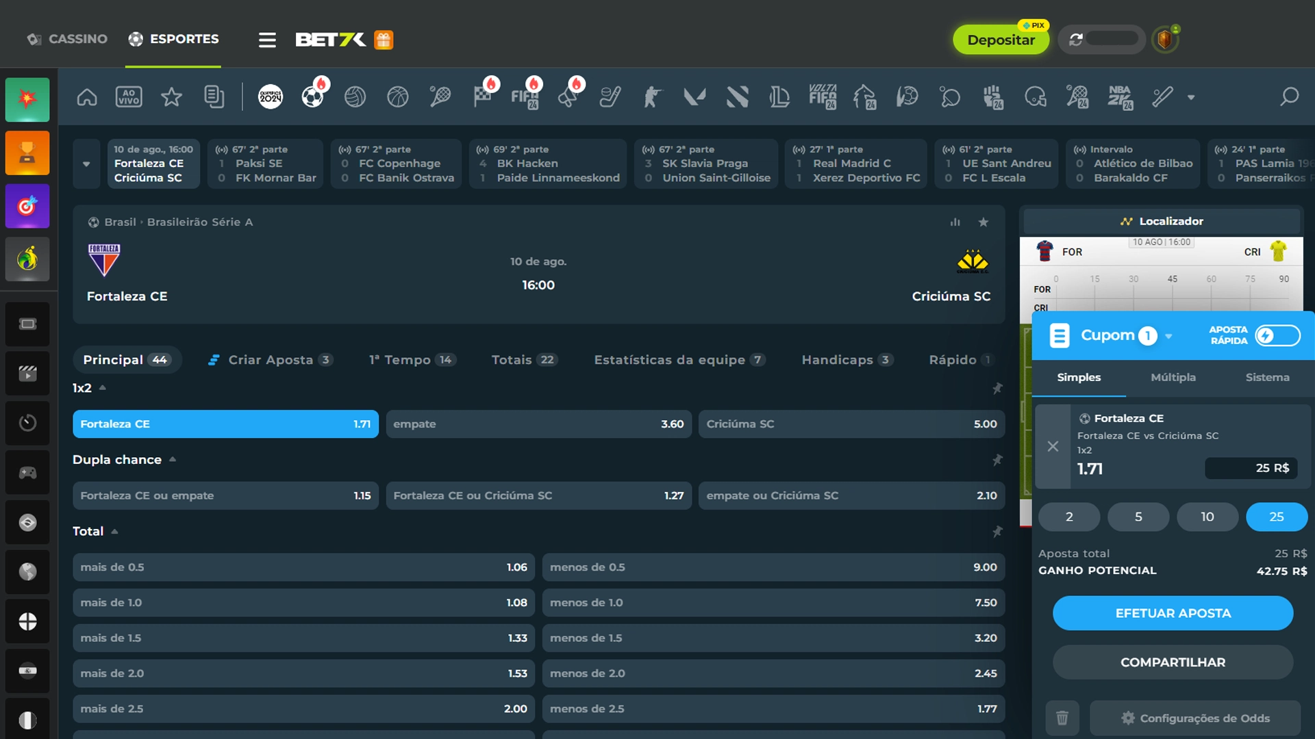 Print mostra página de apostas simples da Bet7k