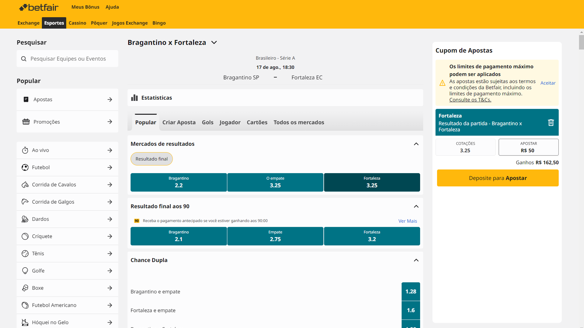 Print mostra página de apostas simples da Betfair