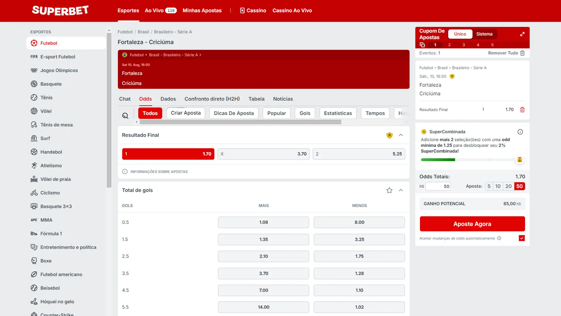 Print mostra página de apostas simples da Superbet