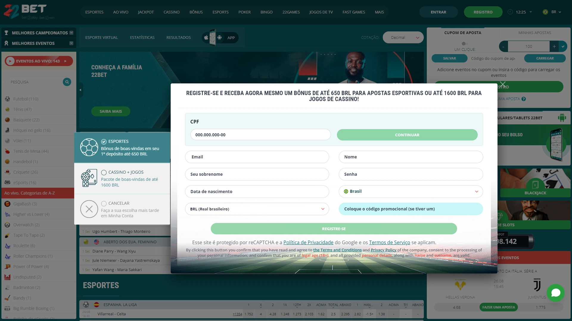 screenshot cadastro 22bet