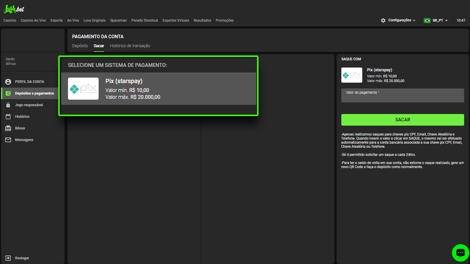 screenshot metodo de pagamento saque luva bet