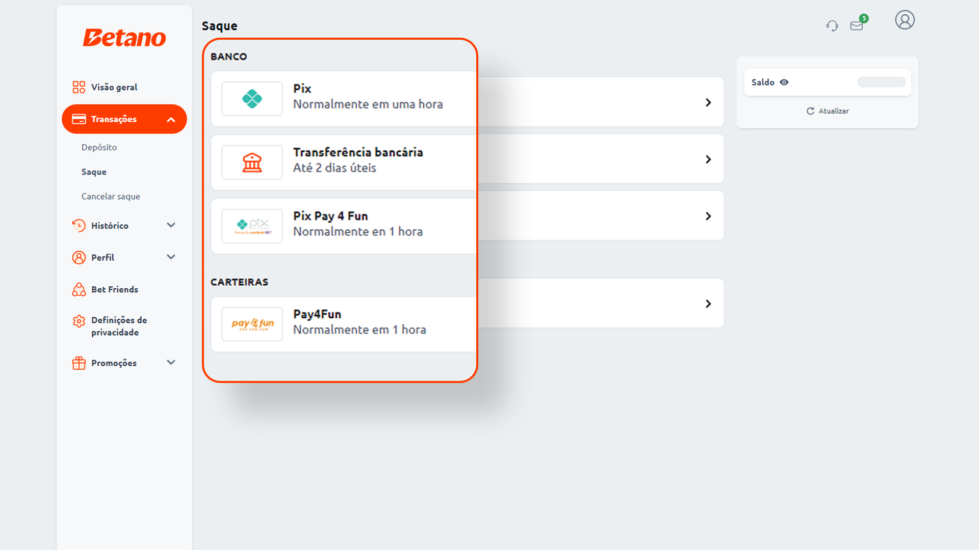 screenshot metodos de pagamento saque betano