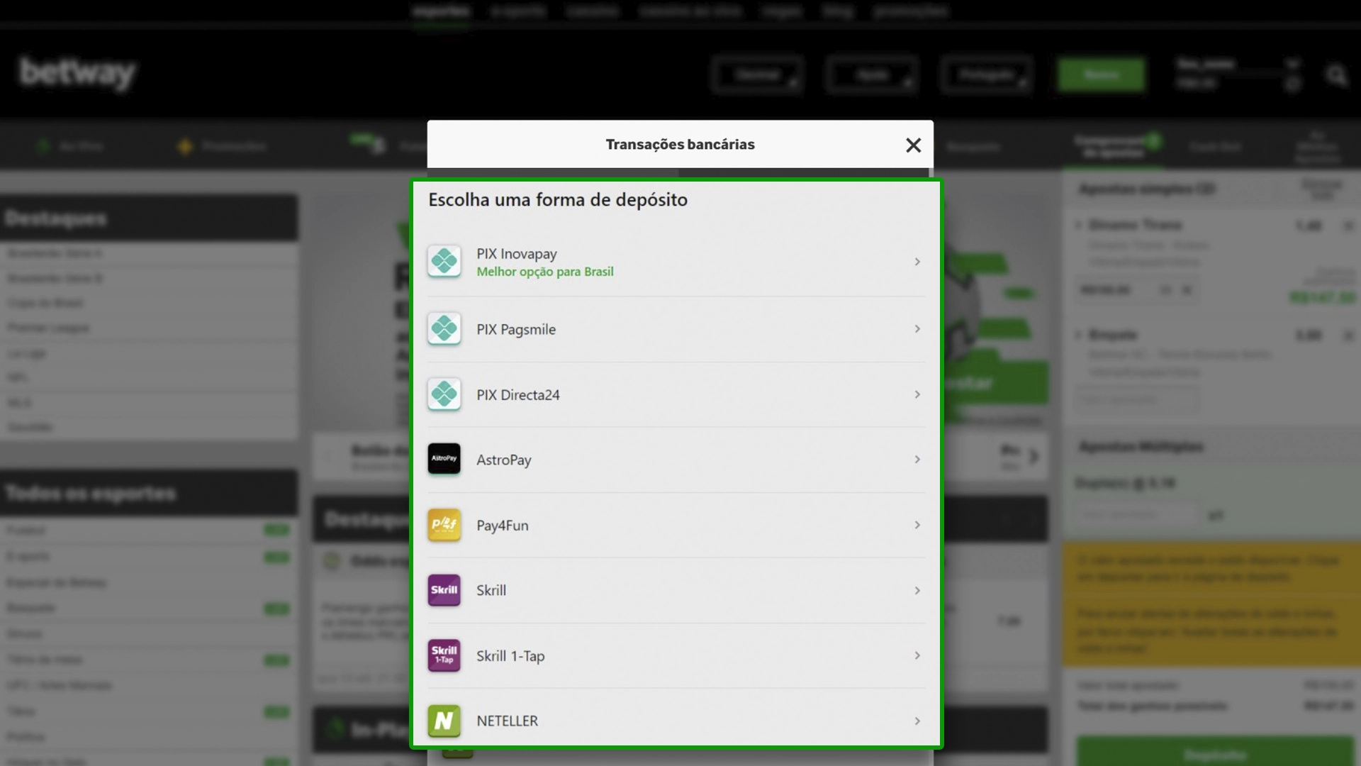 screenshot metodos de pagamento saque betway