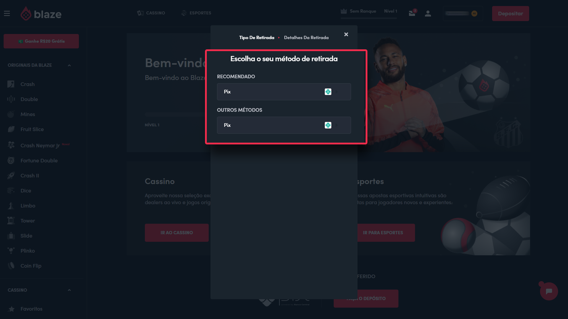 screenshot métodos de pagamento saque blaze