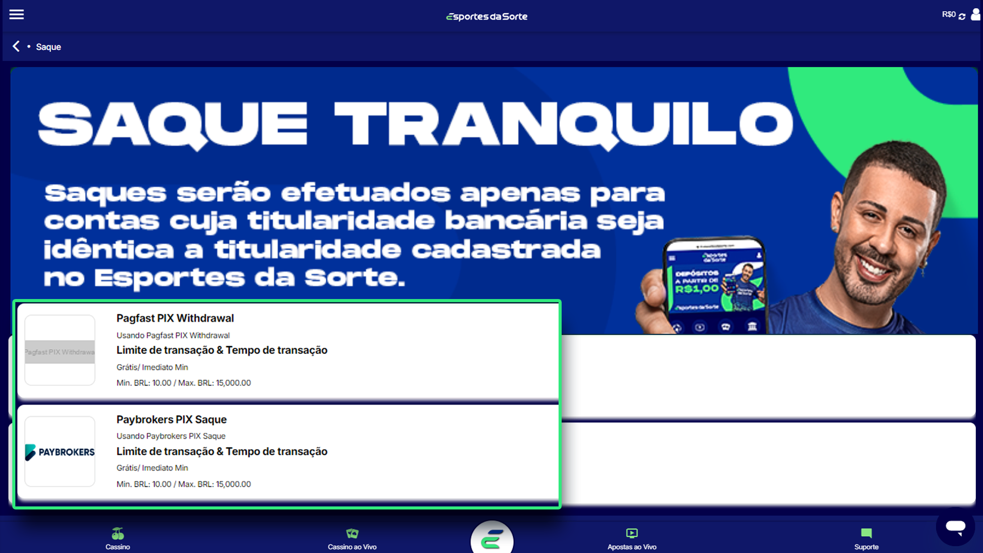 screenshot metodos de pagamento saque esportes da sorte