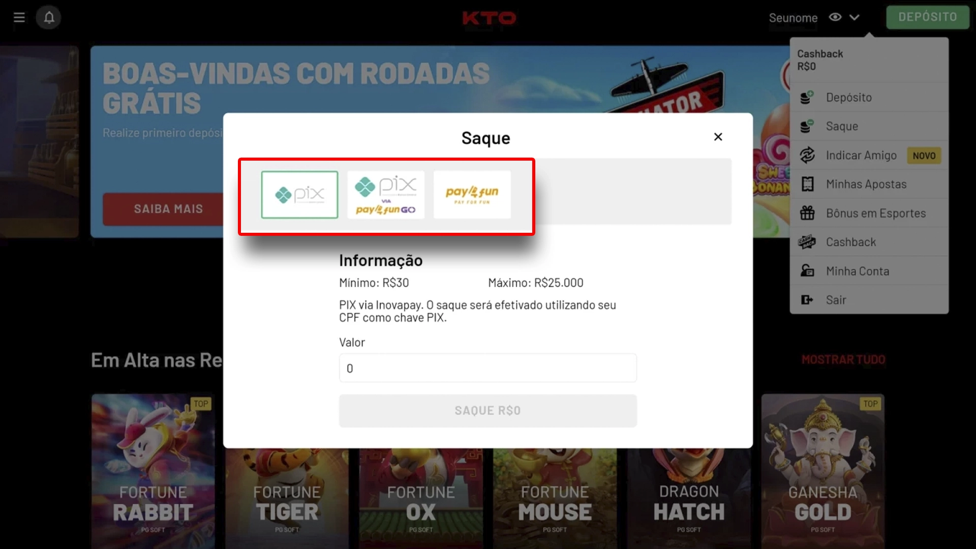 screenshot métodos de pagamento saque kto