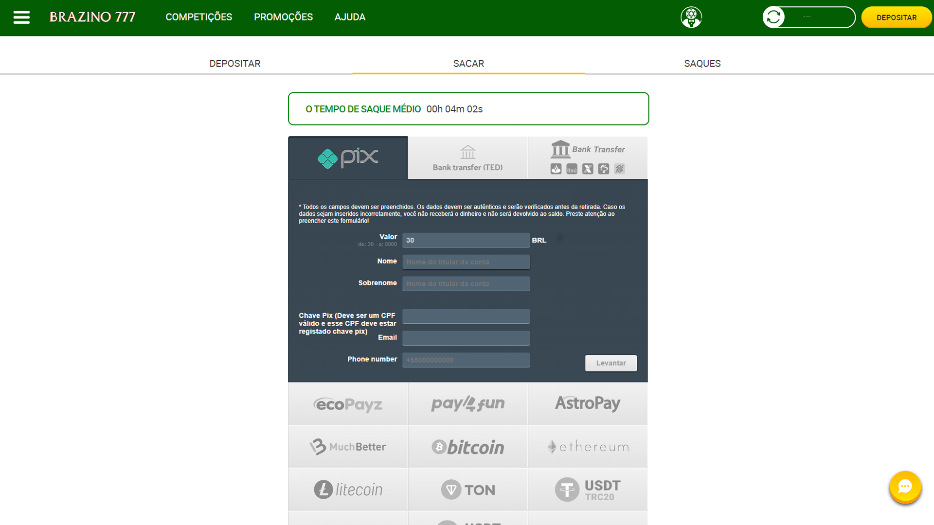 screenshot saque pix brazino777