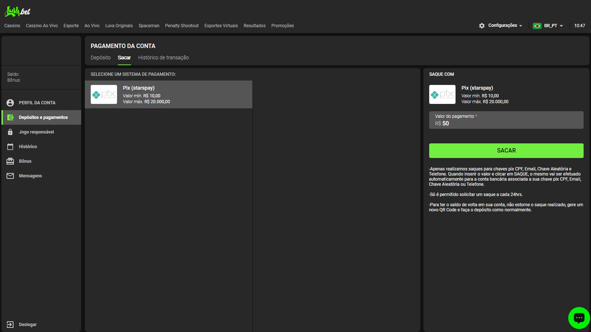 screenshot saque pix luva bet