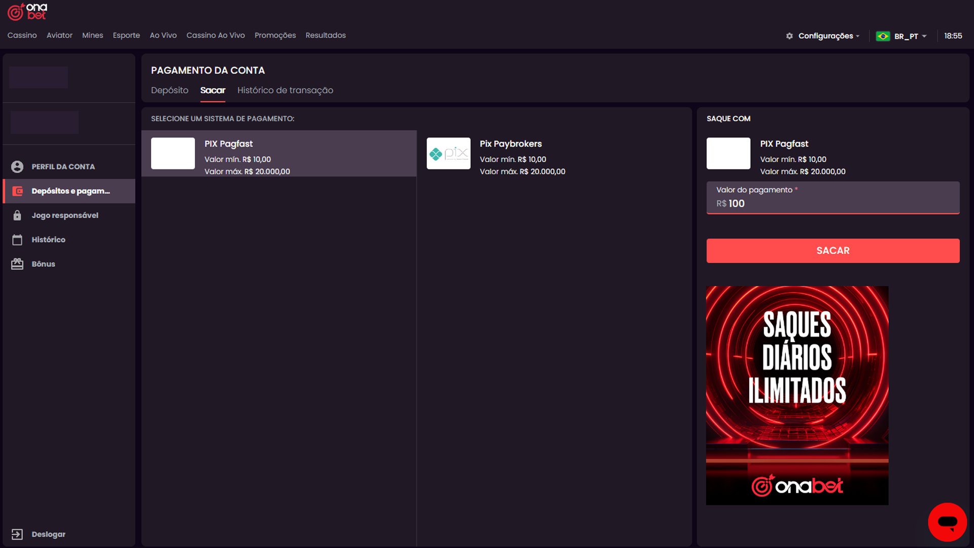 screenshot saque pix onabet