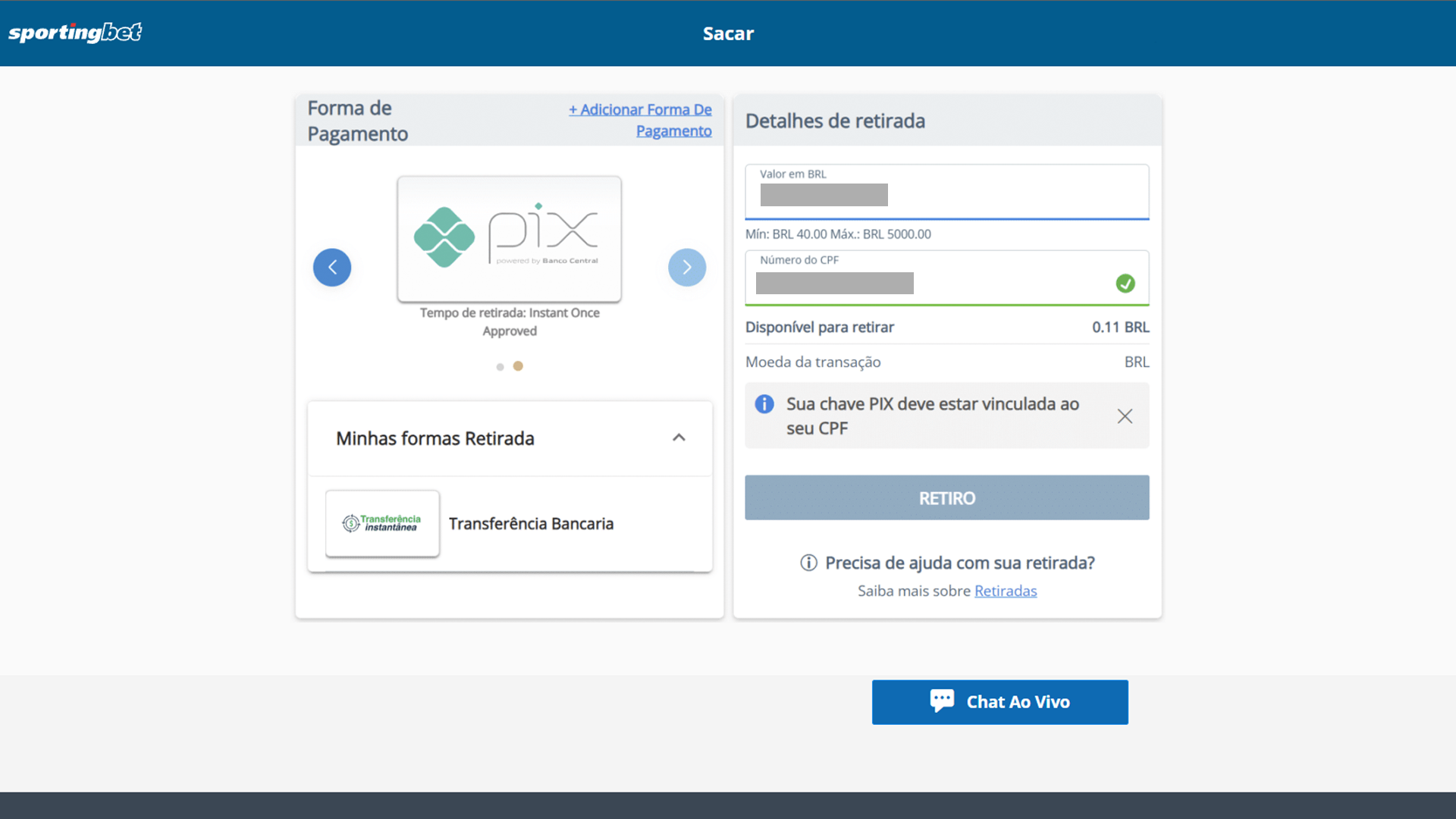 screenshot saque pix sportingbet